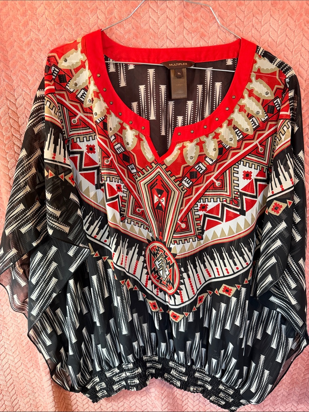 Multiples Red, Black & White Geometric V-Neck Blouse